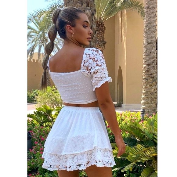 White Lace Trim Short Sleeve Crop Top and High Waist Mini Skirt Two Piece Set - Picture 12 of 14